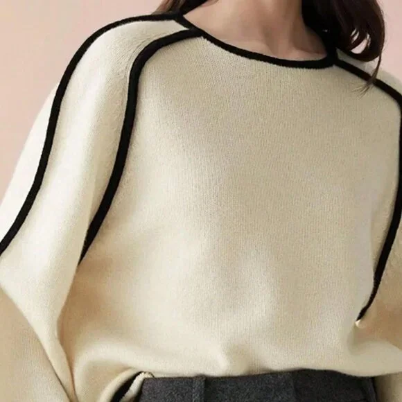 Black And White Casual Women's Contrast Color Knitted Loose Crew Neck Sweater - Picture 2 of 3